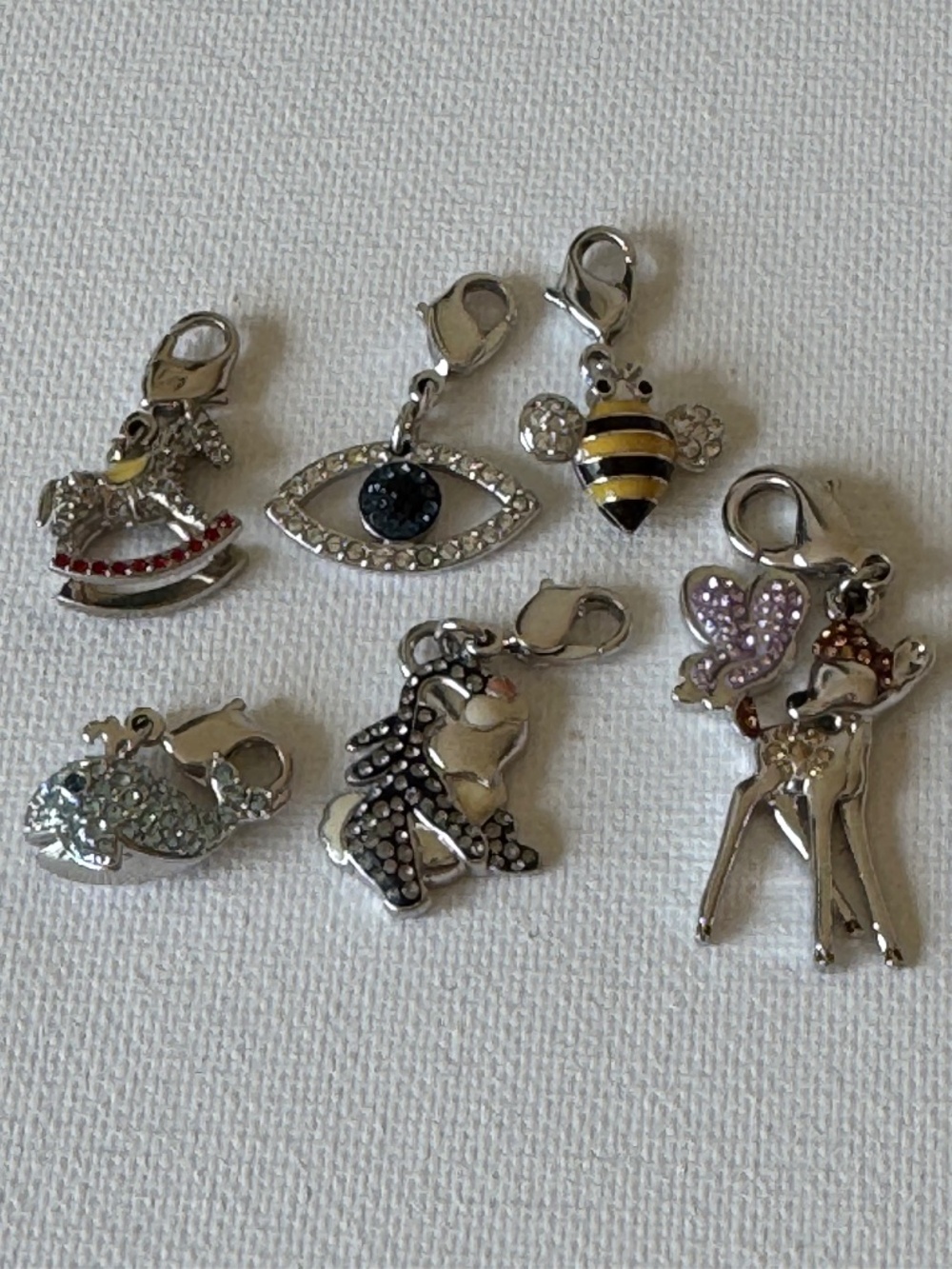 New Disney Crystal Charms Lot of 6 Clip-On Bambi Bee Fish Eye Rocking Horse Fish